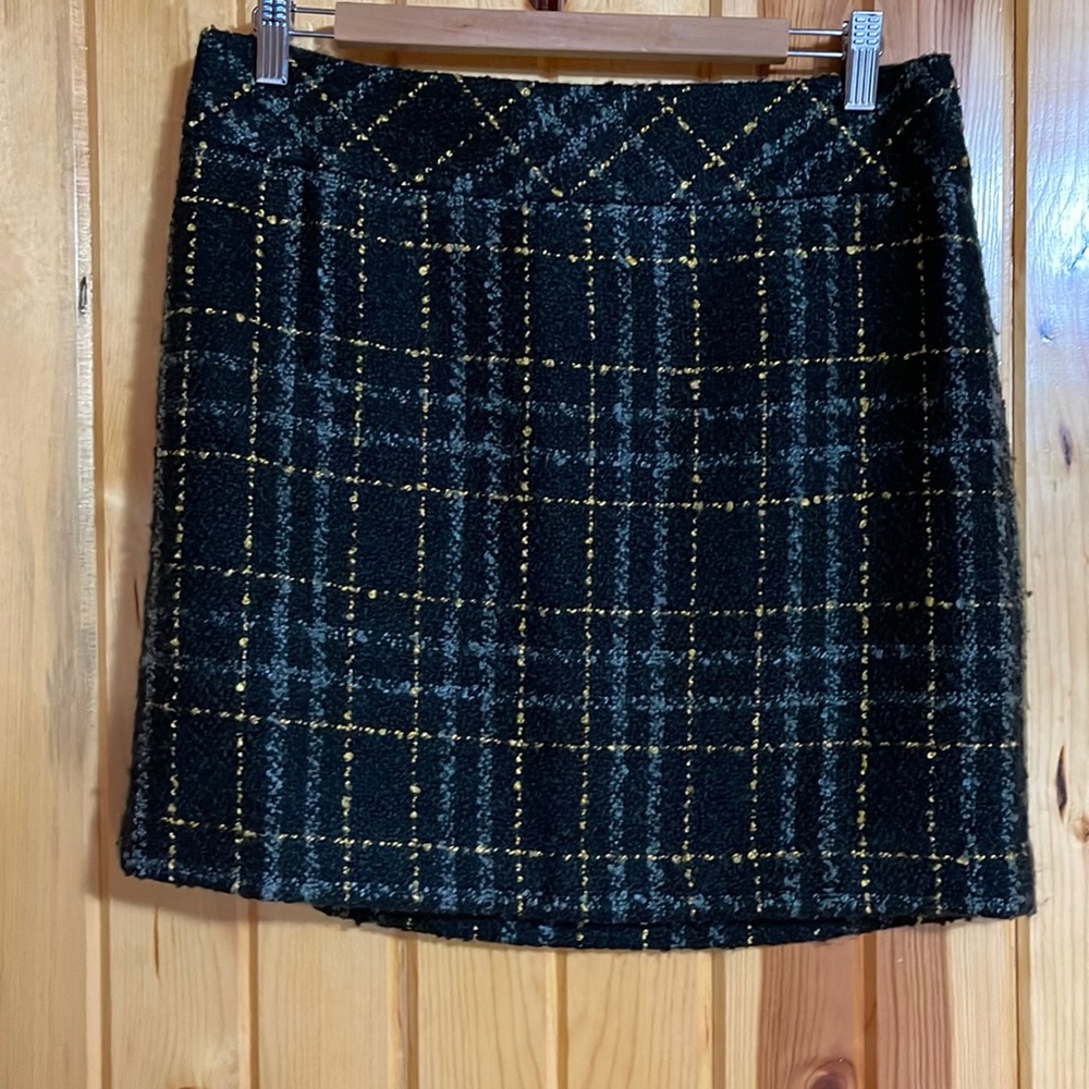 LOFT Black, Gray & Yellow Plaid Tweed Skirt